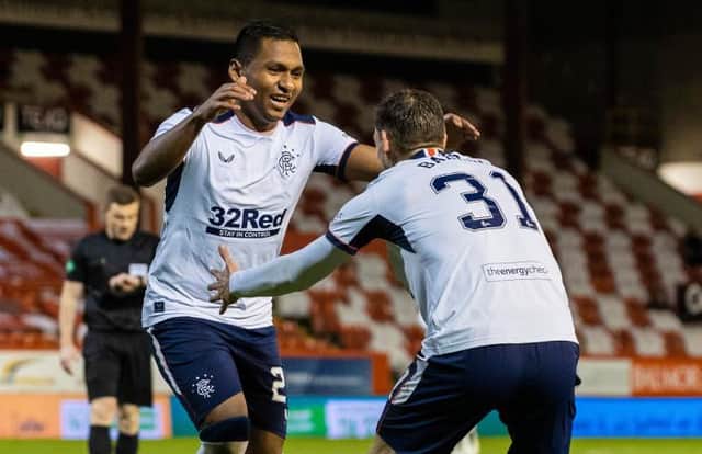 Alfredo Morelos celebrates with Borna Barisic after scoring his second goal in Rangers' 2-1 win over Aberdeen at Pittodrie. (Photo by Alan Harvey / SNS Group)