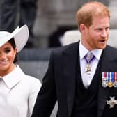 Prince Harry and his wife Meghan, the Duke and Duchess of Sussex, leave at the end of the National Service of Thanksgiving for The Queen's reign at Saint Paul's Cathedral in London in June. Picture: Toby Melville/AFP via Getty Images