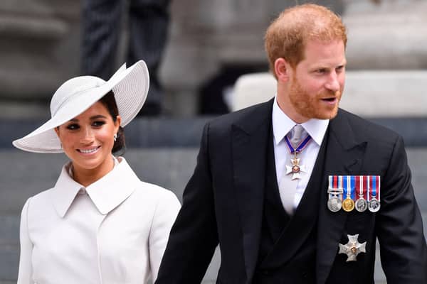 Prince Harry and his wife Meghan, the Duke and Duchess of Sussex, leave at the end of the National Service of Thanksgiving for The Queen's reign at Saint Paul's Cathedral in London in June. Picture: Toby Melville/AFP via Getty Images