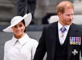 Prince Harry and his wife Meghan, the Duke and Duchess of Sussex, leave at the end of the National Service of Thanksgiving for The Queen's reign at Saint Paul's Cathedral in London in June. Picture: Toby Melville/AFP via Getty Images