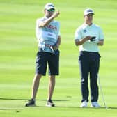 Calum Hill chats to his caddie during the third round of the Cazoo Classic at the London Golf Club in West Kingsdown. Picture: Andrew Redington/Getty Images.