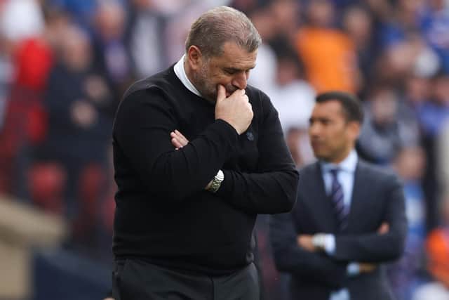 Celtic manager Ange Postecoglou appears gloomy during his team's Scottish Cup semi-final defeat but maintains the "road to success is not downhill, mate"  in challenging his players to overcome the disappointment and  drive towards the finish line in a title race they hold a six-point advantage in. Photo by Craig Williamson / SNS Group)