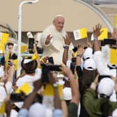Pope Francis arrives to celebrate mass at the Bahrain National Stadium in Riffa, Bahrain (AP Photo/Alessandra Tarantino)