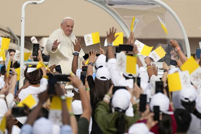 Pope Francis arrives to celebrate mass at the Bahrain National Stadium in Riffa, Bahrain (AP Photo/Alessandra Tarantino)