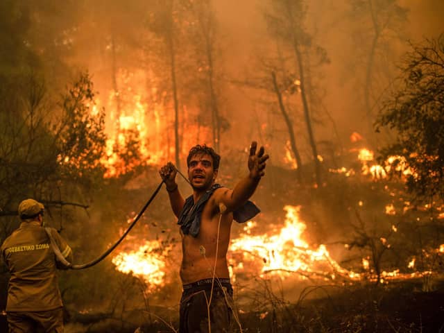 A man appeals for help as the water runs out while he fights a forest fire on the island of Evia, Greece (Picture: Angelos Tzortzinis/AFP via Getty Images)