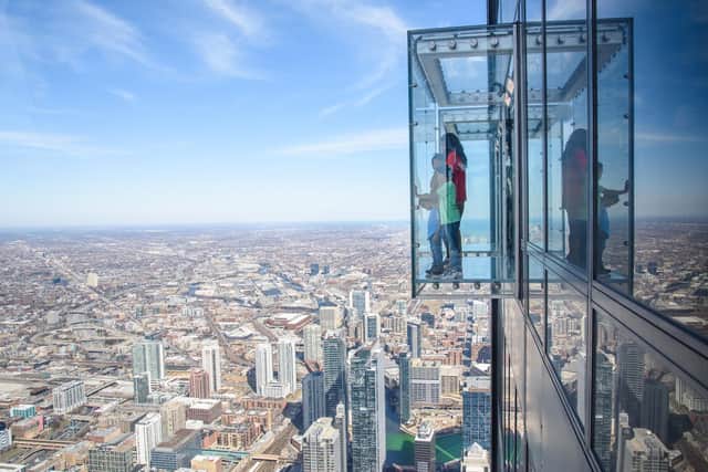 The Ledge at Skydeck Chicago, 103 floors and 1,353ft high on the Willis (formerly Sears) Tower,  looking down at the skyscrapers of bustling Chicago below. Pic: Contributed