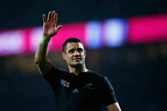 Dan Carter celebrates victory at the end of the 2015 Rugby World Cup semi-final clash between New Zealand and South Africa in October 2015