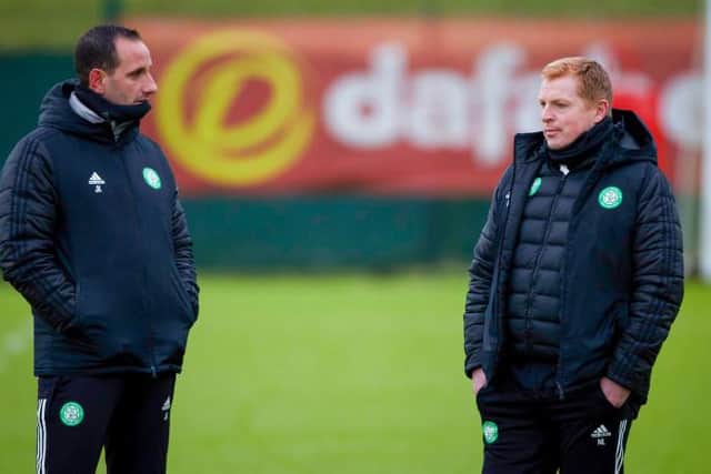 Celtic manager Neil Lennon (R) with assistant John Kennedy during a training session at Lennoxtown on January 18, 2021, in Glasgow, Scotland. (Photo by Craig Williamson / SNS Group)