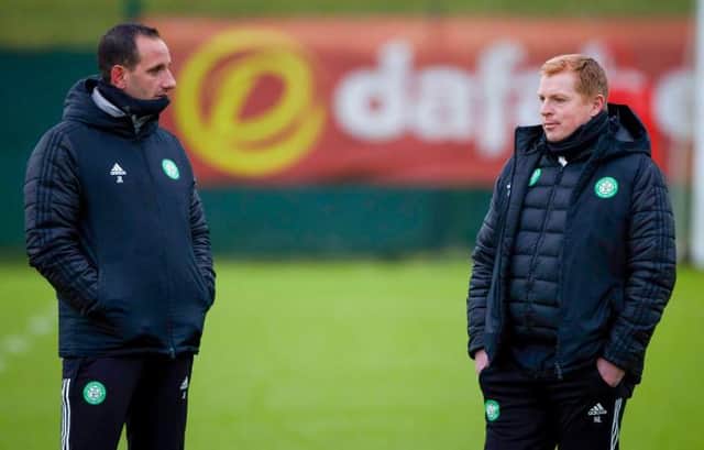 Celtic manager Neil Lennon (R) with assistant John Kennedy during a training session at Lennoxtown on January 18, 2021, in Glasgow, Scotland. (Photo by Craig Williamson / SNS Group)