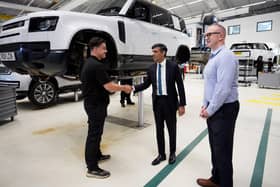 Rishi Sunak visits a Land Rover plant in Warwick in July for an announcement about a new electric car battery factory (Picture: Christopher Furlong/Getty Images)