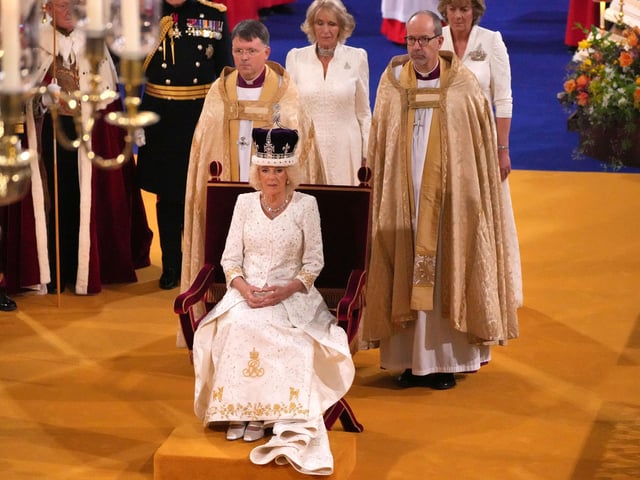Queen Camilla after being crowned with Queen Mary's Crown by the Archbishop of Canterbury the Most Reverend Justin Welby during her coronation ceremony in Westminster Abbey, London.