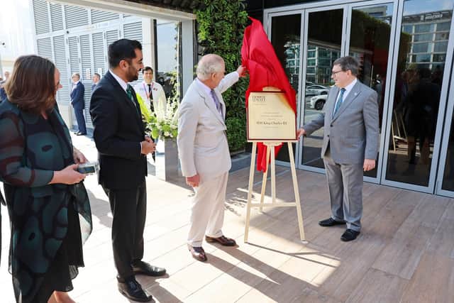 King Charles III and Principal and Vice-Chancellor Heriot-Watt University Richard Williams unveil a plaque to mark the official opening of the Dubai campus. Former First Minister Humza Yousaf looks on. Picture: Chris Jackson/Getty Images.
