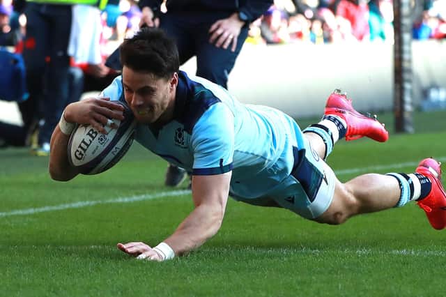 Sean Maitland scores Scotland's first try during their last 2020 Guinness Six Nations match against France way back in March. Picture: David Rogers/Getty Images