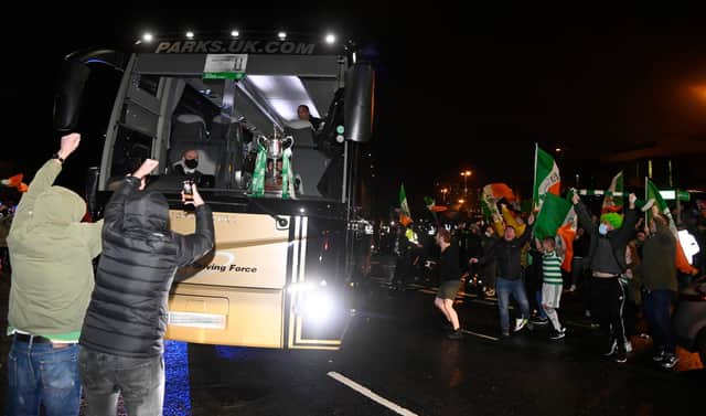 Celtic fans greet the team bus after the William Hill Scottish Cup Final between Celtic and Hearts at Hampden Park, on December 20, 2020, in Glasgow, Scotland. (Photo by Rob Casey/SNS Group via Getty Images)
