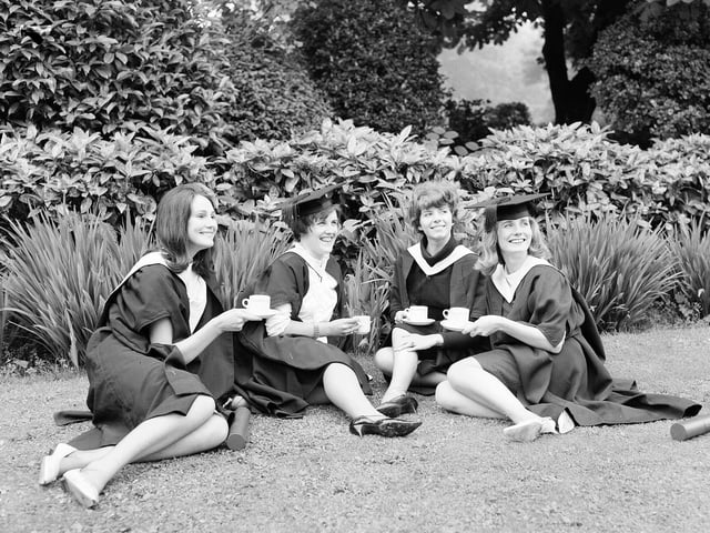 A group of Edinburgh University graduates relax in the gardens at George Street in July 1963. Pictured, left to right, are Susan Weinell from Kendal, Lesley Thornton of Glasgow, Jenny Chapman of North Berwick and Libby Joyce of Edinburgh.