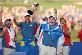 Bob MacIntyre shows what being part of a winning Ryder Cup team meant to him as he celebrates with his team-mates at Marco Simone Golf Club in Italy last year. Picture: Patrick Smith/Getty Images.
