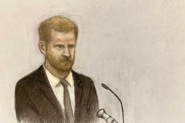 Court artist sketch by Elizabeth Cook of the Duke of Sussex giving evidence at the Rolls Buildings in central London. Picture: Elizabeth Cook/PA Wire