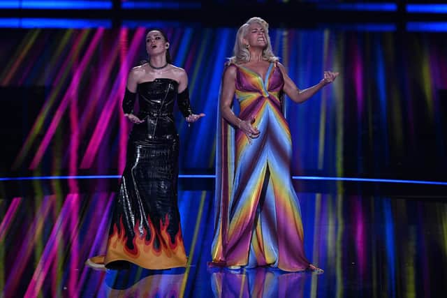 Ukrainian singer Julia Sanina, left, and English actress Hannah Waddingham present the first semi-final of the 2023 Eurovision Song Contest in Liverpool.