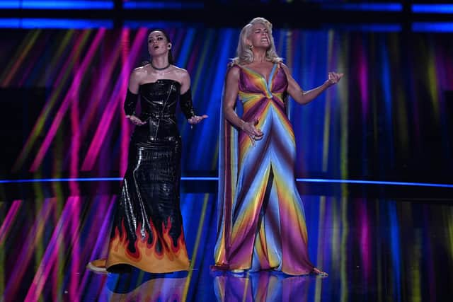 Ukrainian singer Julia Sanina, left, and English actress Hannah Waddingham present the first semi-final of the 2023 Eurovision Song Contest in Liverpool.