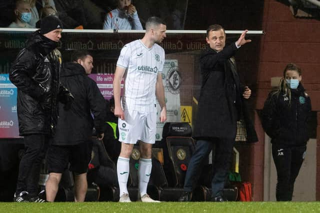 Shaun Maloney gives out instructions to Jamie Murphy during Hibs' 3-1 win at Tannadice.