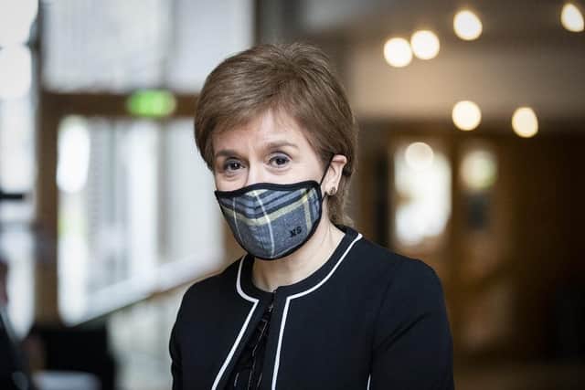 First Minister of Scotland, Nicola Sturgeon, arrives ahead of a Covid briefing at the Scottish Parliament in Holyrood, Edinburgh in March 2021.