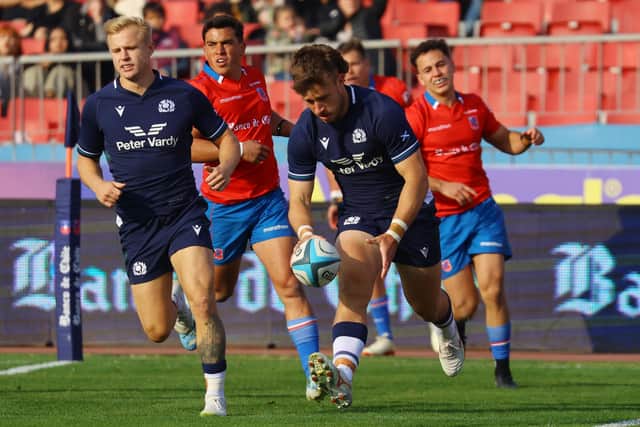 Kyle Rowe dots down for a Scotland try during last weekend's win over Chile in Santiago. (Photo by Marcelo Hernandez/Getty Images for Scottish Rugby)