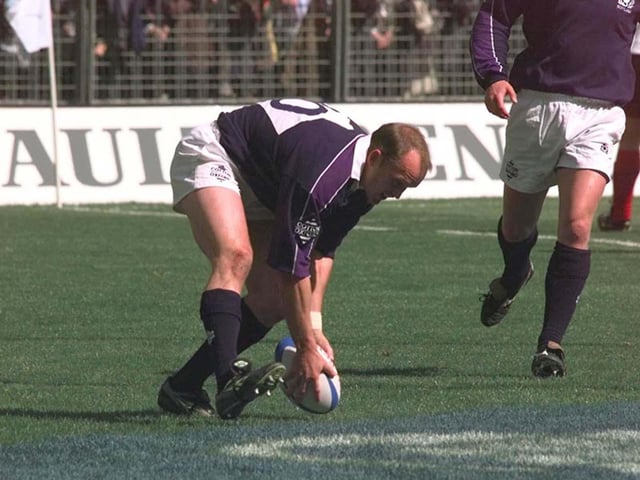 Gregor Townsend dots down for Scotland's third try in the 1999 win over France in Paris. It was a highly significant for the Scotland stand-off as he became only the fifth player to score a try in all four Five Nations championship matches in the same season, and the first Scot to do so since Johnny Wallace in 1925. It was the last Five Nations, with Italy joining the following season to make six.