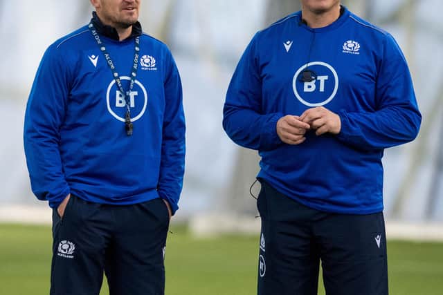 Scotland scrum coach Pieter de Villiers, right, with Gregor Townsend.