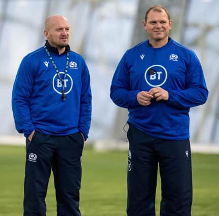 Scotland scrum coach Pieter de Villiers, right, with Gregor Townsend.