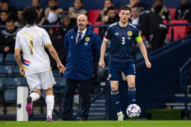 Scotland manager Steve Clarke looks on as his captain Andy Robertson dictates play during the 2-0 win over Armenia at Hampden. (Photo by Ross MacDonald / SNS Group)