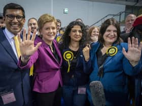 First Minister Nicola Sturgeon with SNP's Zen Ghani, Roza Salih (second right) and Susan Aitken (right) at the Glasgow City Council count at the Emirates Arena in Glasgow, in the local government elections.