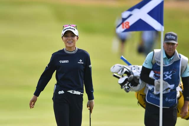 Lydia Ko reacts to almost holing her third shot at the par-5 18th at Dundonald Links. Picture: Mark Runnacles/Getty Images.