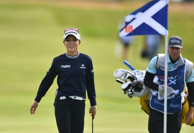 Lydia Ko reacts to almost holing her third shot at the par-5 18th at Dundonald Links. Picture: Mark Runnacles/Getty Images.