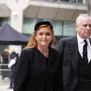 Sarah and Andrew arrive for the Requiem Mass service for the Duchess of Kent, at Westminster Cathedral in central London. Picture: PA