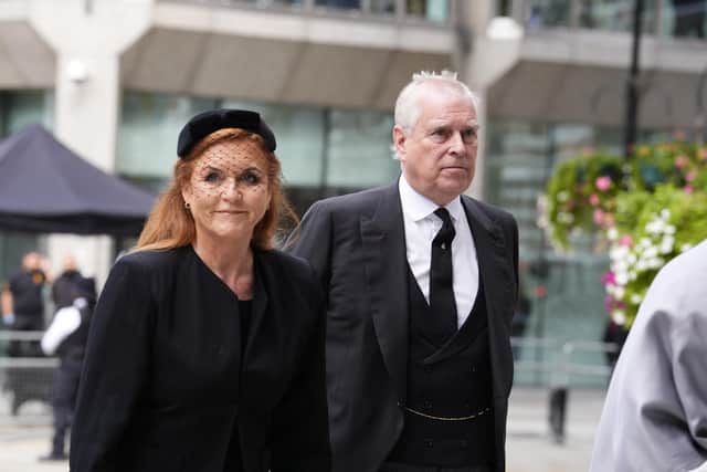 Sarah and Andrew arrive for the Requiem Mass service for the Duchess of Kent, at Westminster Cathedral in central London. Picture: PA