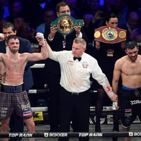 Josh Taylor (left) is declared the victor over Jack Catterall following the world super-lightweight title fight at the OVO Hydro on February 26.  (Photo by Paul Devlin / SNS Group)