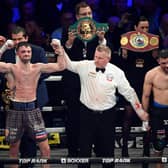 Josh Taylor (left) is declared the victor over Jack Catterall following the world super-lightweight title fight at the OVO Hydro on February 26.  (Photo by Paul Devlin / SNS Group)