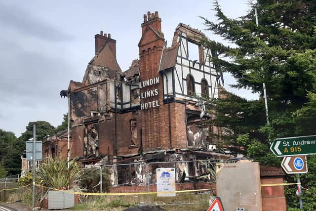 The charred remains of the former Lundin Links Hotel before demolition started