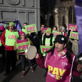 Teachers picket outside Glendale Primary school on March 01, 2023 in Glasgow, Scotland. Teachers belonging to the Educational Institute of Scotland Union (EIS) are undertaking two days of strike action in an ongoing dispute over pay. (Photo by Jeff J Mitchell/Getty Images)