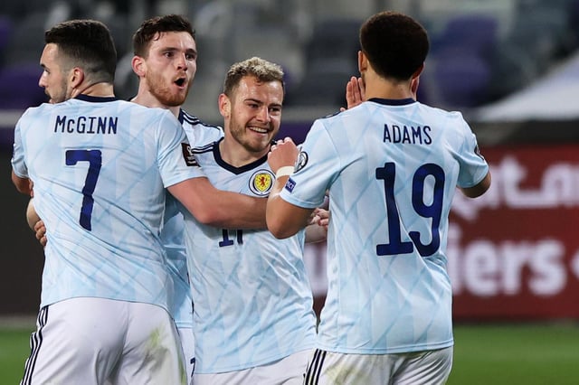 Scotland winger Ryan Fraser (centre) celebrates his equaliser against Israel in Tel Aviv (Photo by Seffi Magriso / SNS Group)