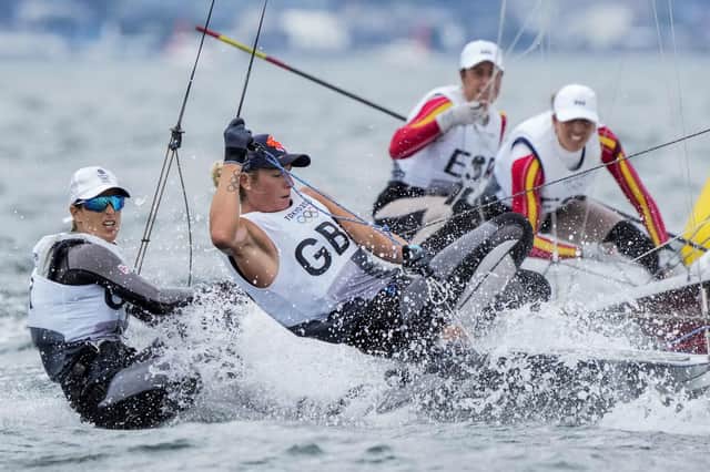 Britain's Saskia Tidey and Charlotte Dobson compete during the Olympic 49erfx women race at the Enoshima harbour. Picture: Bernat Armangue/AP