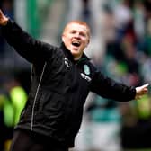 13/05/18 LADBROKES PREMIERSHIP 
HIBERNIAN V RANGERS 
EASTER ROAD - EDINBURGH 
Hibs Manager Neil Lennon celebrates as Jamie MacLaren makes it 5-5