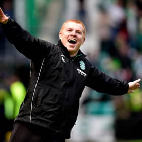 13/05/18 LADBROKES PREMIERSHIP HIBERNIAN V RANGERS EASTER ROAD - EDINBURGH Hibs Manager Neil Lennon celebrates as Jamie MacLaren makes it 5-5
