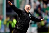 13/05/18 LADBROKES PREMIERSHIP 
HIBERNIAN V RANGERS 
EASTER ROAD - EDINBURGH 
Hibs Manager Neil Lennon celebrates as Jamie MacLaren makes it 5-5