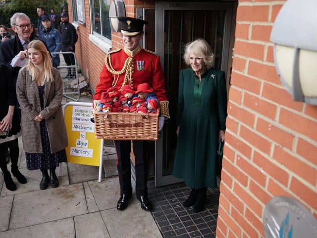 The Queen Consort during a special teddy bears picnic at a Barnardo's Nursery in Bow, London, where she personally delivered Paddington Bears and other cuddly toys, which were left as tributes to Queen Elizabeth II at Royal Residences, to children supported by the charity. Picture date: Thursday November 24, 2022.