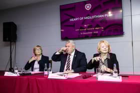 Finance director Jacqui Duncan, chief executive Andrew McKinlay and chairwomen Ann Budge during Hearts' AGM at Tynecastle.