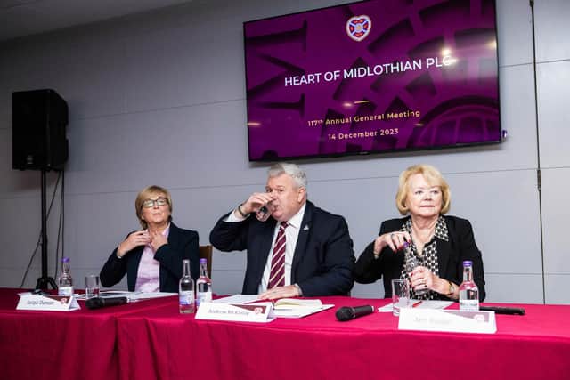 Finance director Jacqui Duncan, chief executive Andrew McKinlay and chairwomen Ann Budge during Hearts' AGM at Tynecastle.
