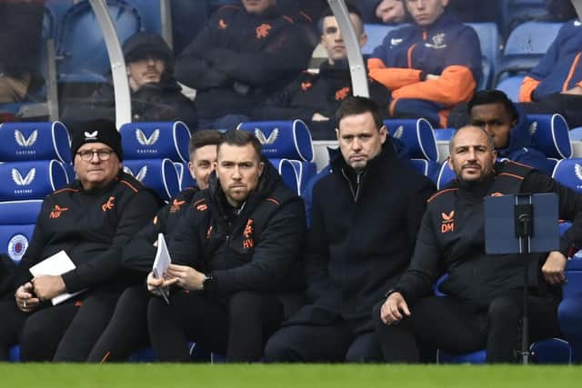 Rangers assistant manager Neil Banfield (far left) with Michael Beale and the rest of the backroom staff in the Ibrox dugout. (Photo by Rob Casey / SNS Group)