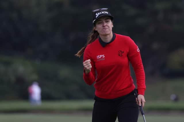 Hannah Green reacts to holing a birdie putt at the 72nd hole to get into the play-off in the JM Eagle LA Championship presented by Plastpro at Wilshire Country Club. Picture: Harry How/Getty Images.