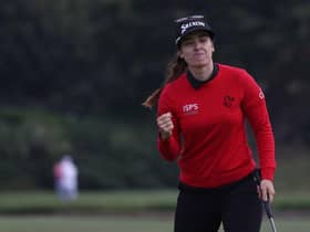 Hannah Green reacts to holing a birdie putt at the 72nd hole to get into the play-off in the JM Eagle LA Championship presented by Plastpro at Wilshire Country Club. Picture: Harry How/Getty Images.